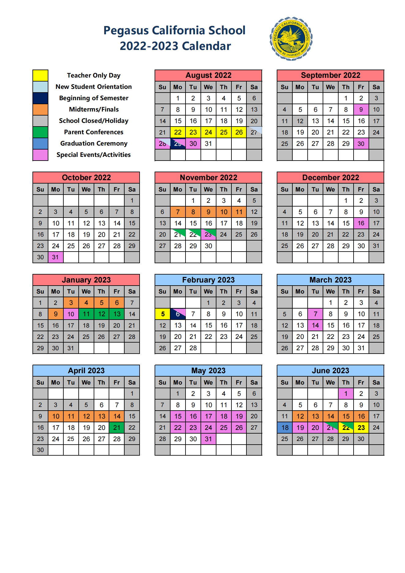 ACADEMICS > Academic Calender_Pegasus California School青岛博格思国际学校英文官网